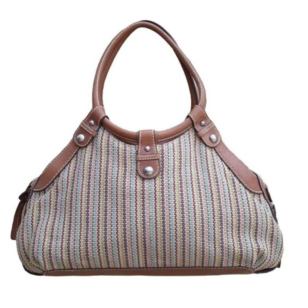 Fossil Bucket Bag Tote Boho Retro Rainbow Striped Tapestry Round Top Handle Sz L